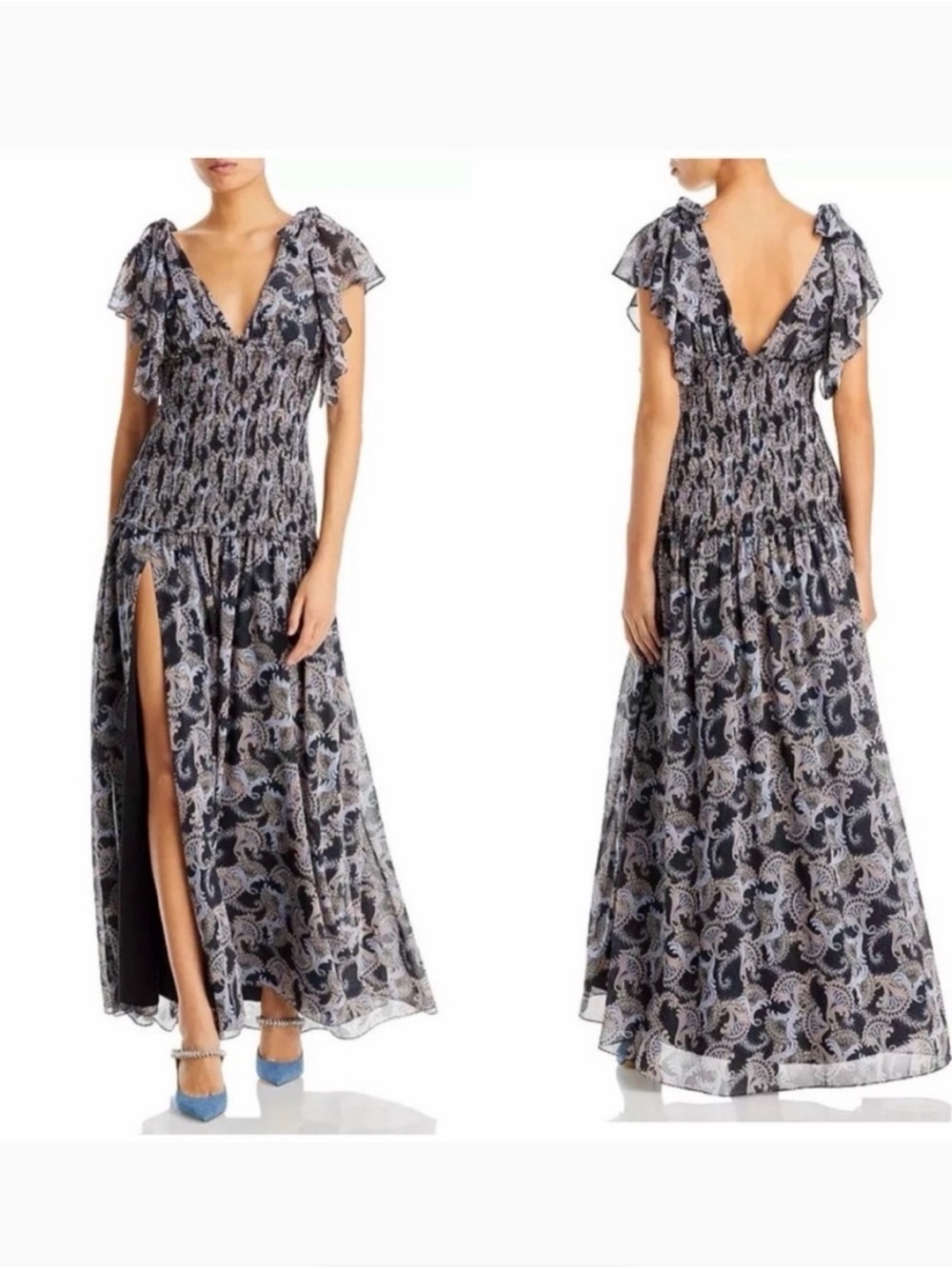 Cinq a Sept Raven Multi Floral Maxi Dress with Deep V-Neck and High Slit